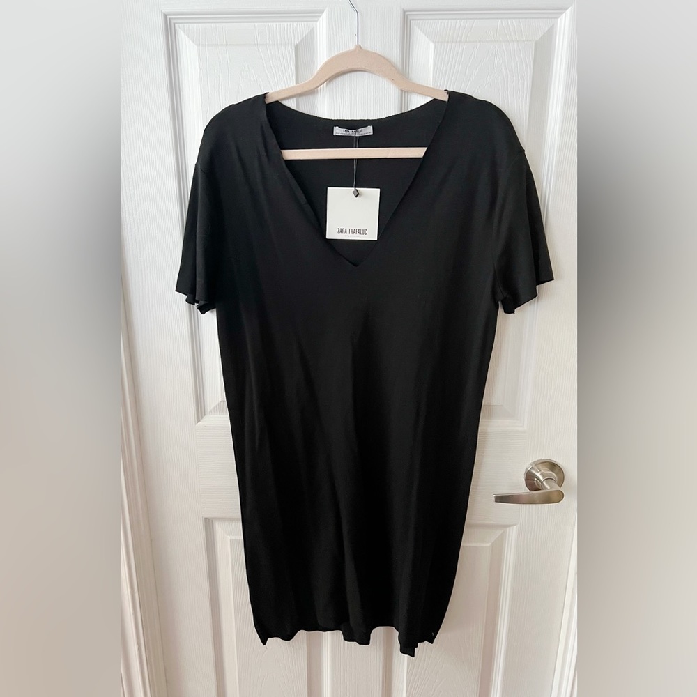 Zara V Neck T-shirt Dress Black Sz Small NWT